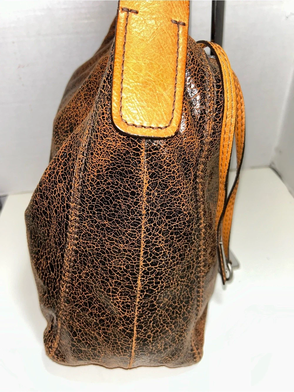 Abro Brown Cognac Distressed Crackled Leather Hobo Shoulder Bag